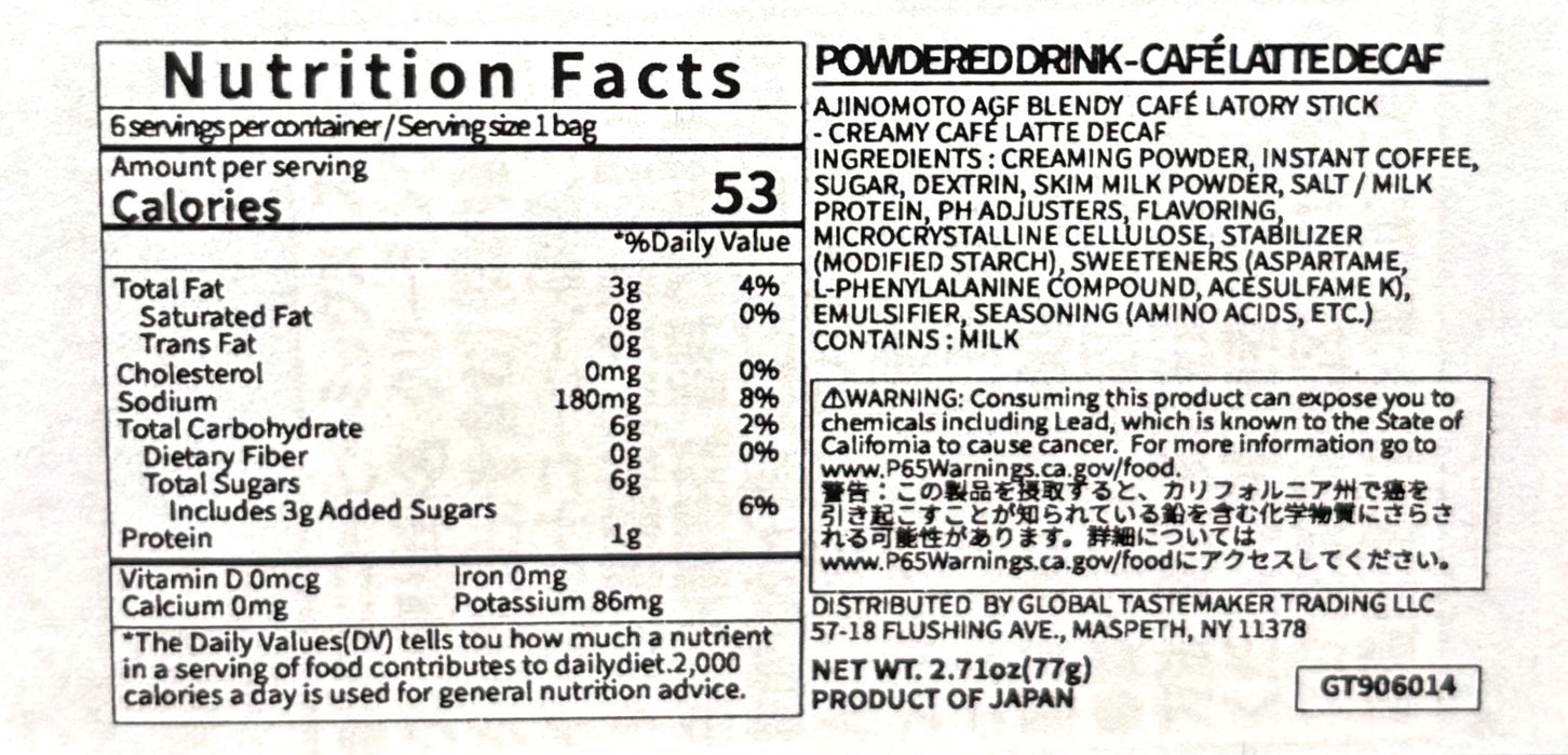 Agf Blendy Cafe Latte Descaf 2.71Oz
