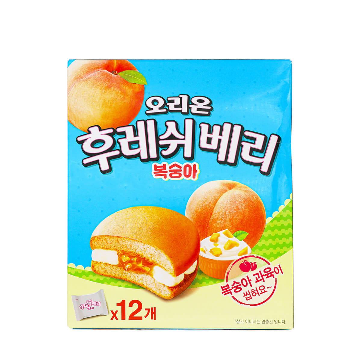 Orion Fresh Berry Peach and Yogurt Pie spring edition box, a limited 2018 Korean snack release with peach yogurt drizzle on marshmallow sponge pie