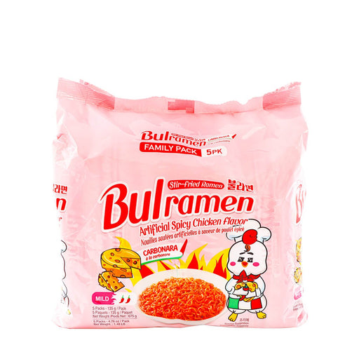 Bulramen Stir-Fried Ramen Spicy Chicken Flavor Mild Carbonara Family Pack 5 packs x 135g, 675g - H Mart Manhattan Delivery